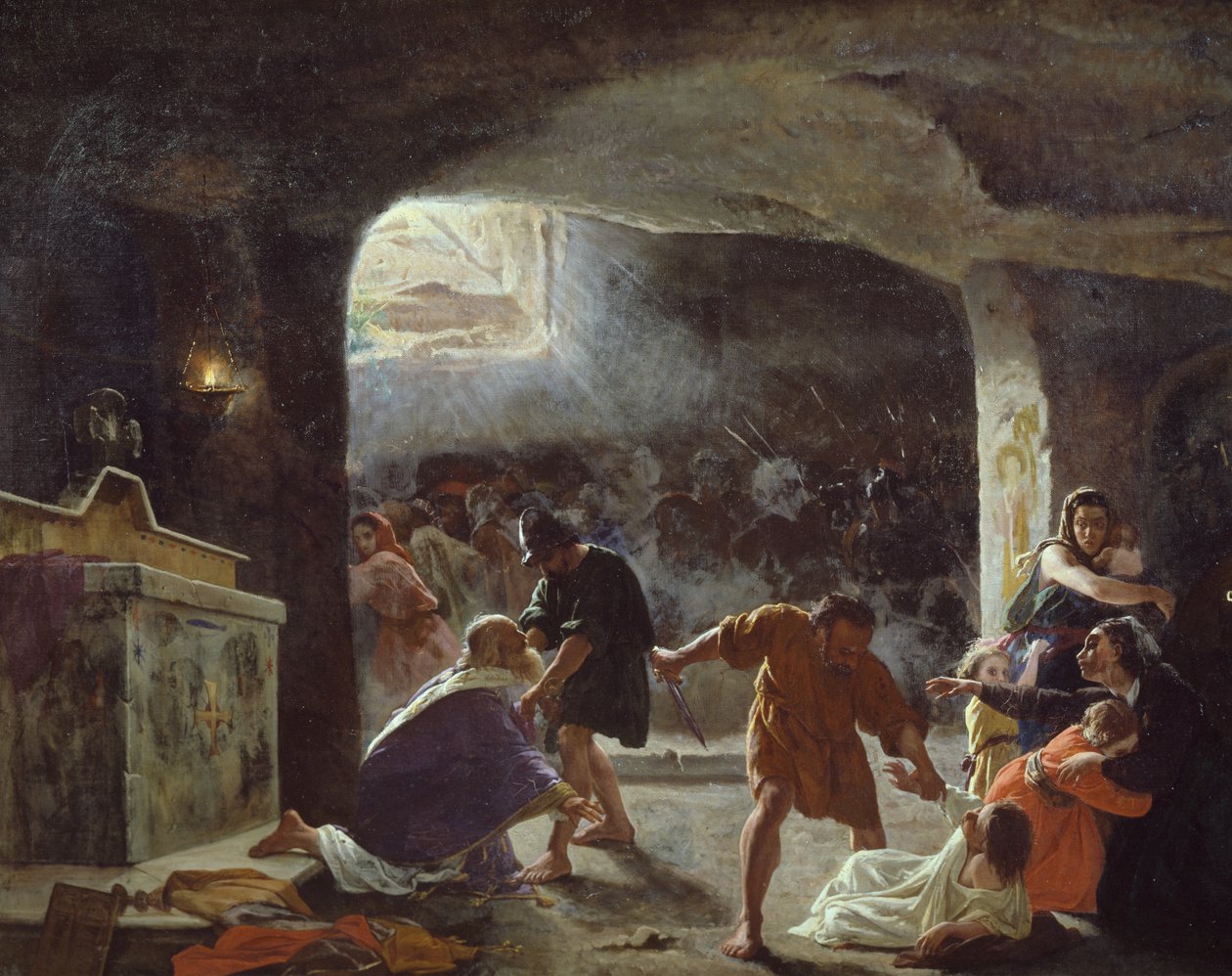 第一批基督徒在地下墓穴中被杀，朱塞佩·曼西内利（Giuseppe Mancinelli，1813-1875 年）的画作 作者 朱塞佩·曼奇内利