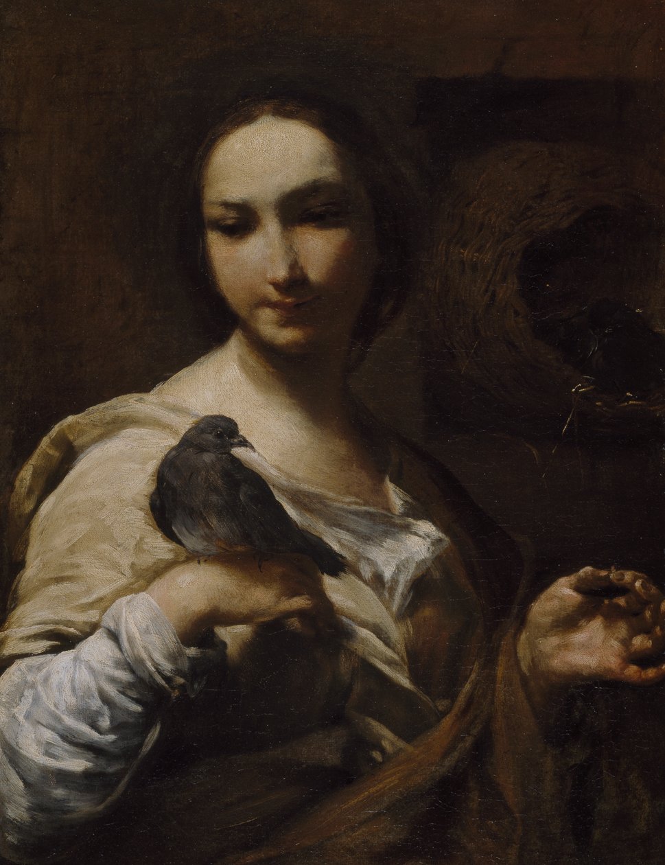 女孩抱着一只鸽子，1721-27 作者 朱塞佩·玛丽亚·克雷斯皮