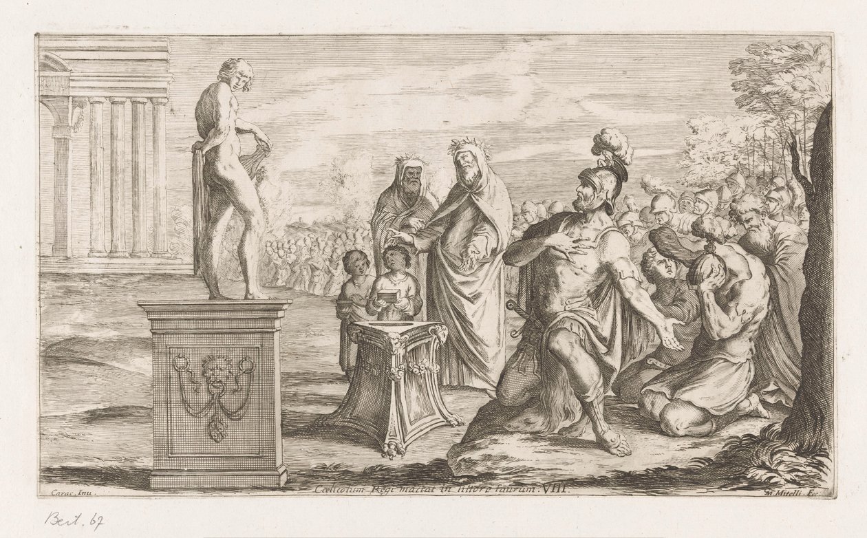 埃涅阿斯向阿波罗献祭
Coelicolum Regi mactat in littore taurum（物品上的标题）
埃涅阿斯的诱惑》（系列标题）
L