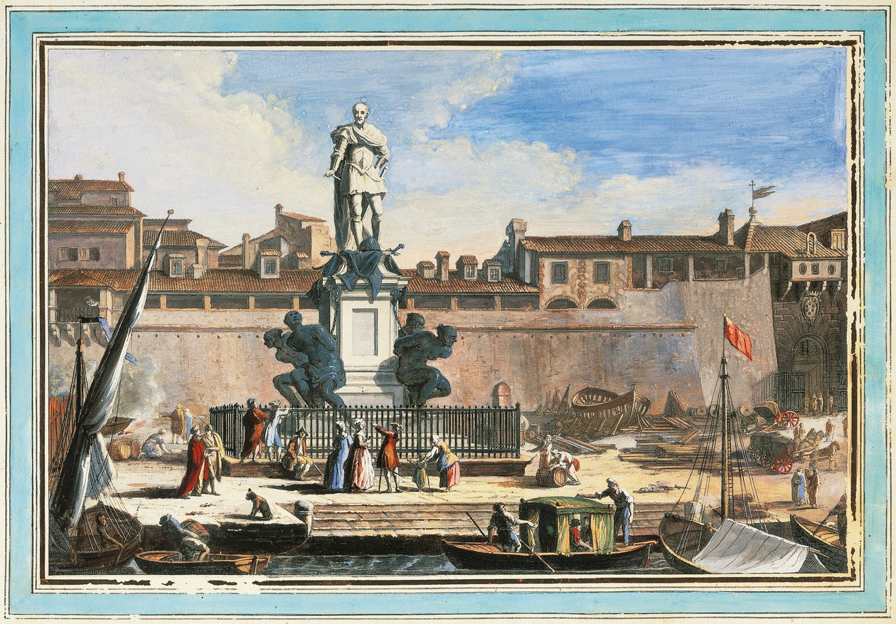 里窝那景观：Quattro Mori 纪念碑（四个摩尔人），朱塞佩·玛丽亚·泰雷尼 (Giuseppe Maria Terreni) 绘制，插图 作者 朱塞佩·玛丽亚·特雷尼