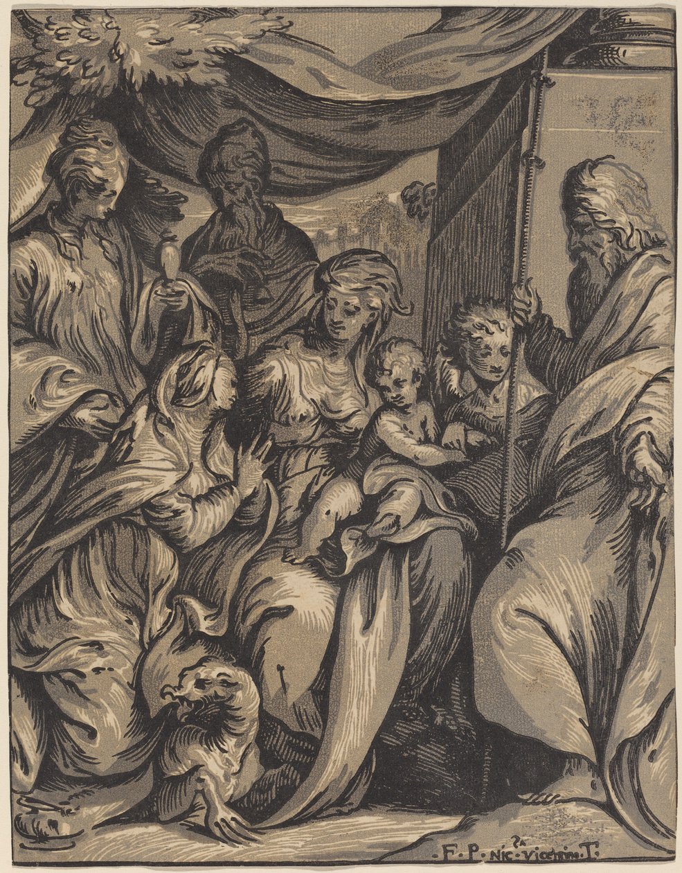 圣母子与圣人 作者 Giuseppe Nicolo Vicentino，在 Camillo Boccaccino 之后