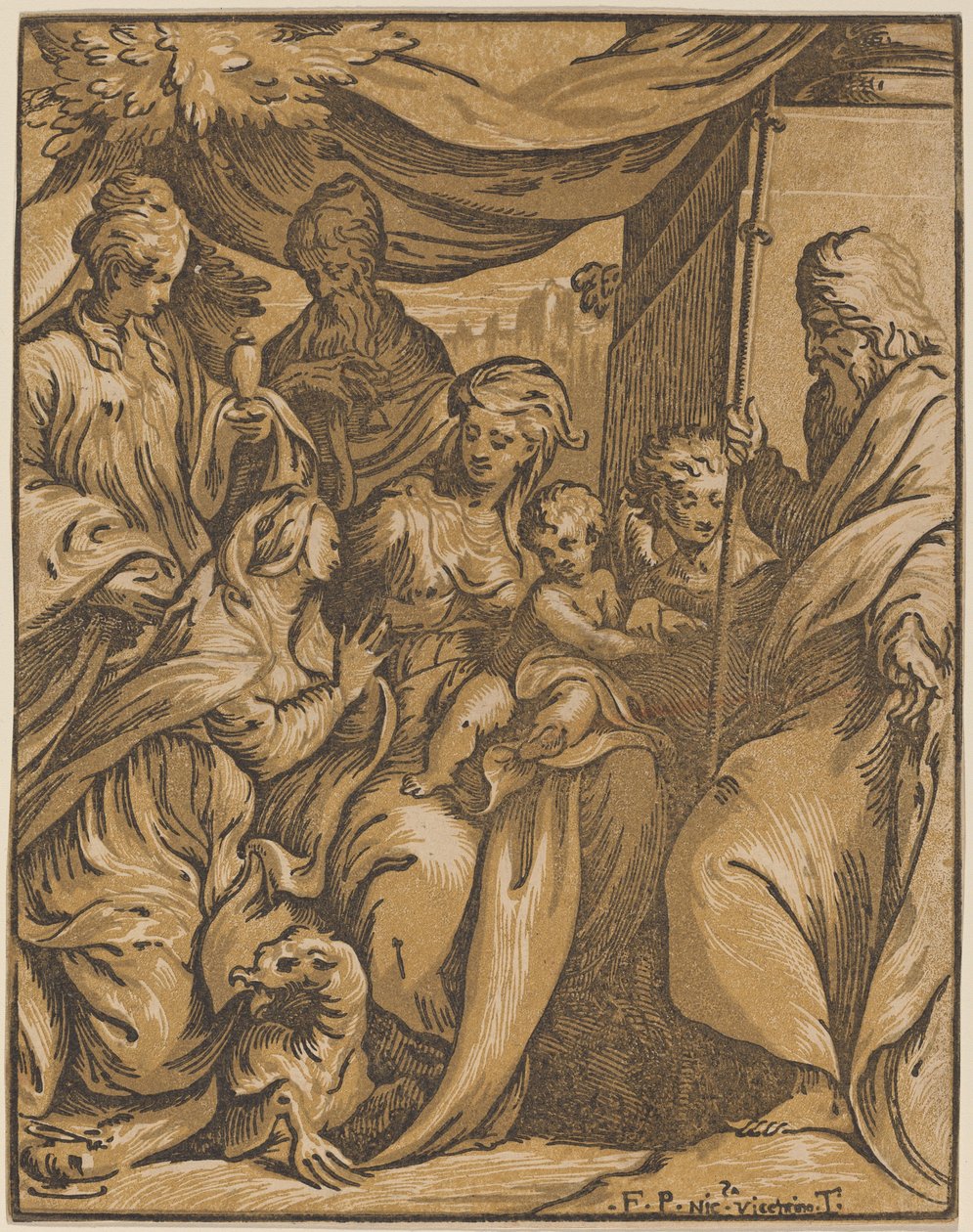 圣母子与圣人 作者 Giuseppe Nicolo Vicentino，在 Camillo Boccaccino 之后