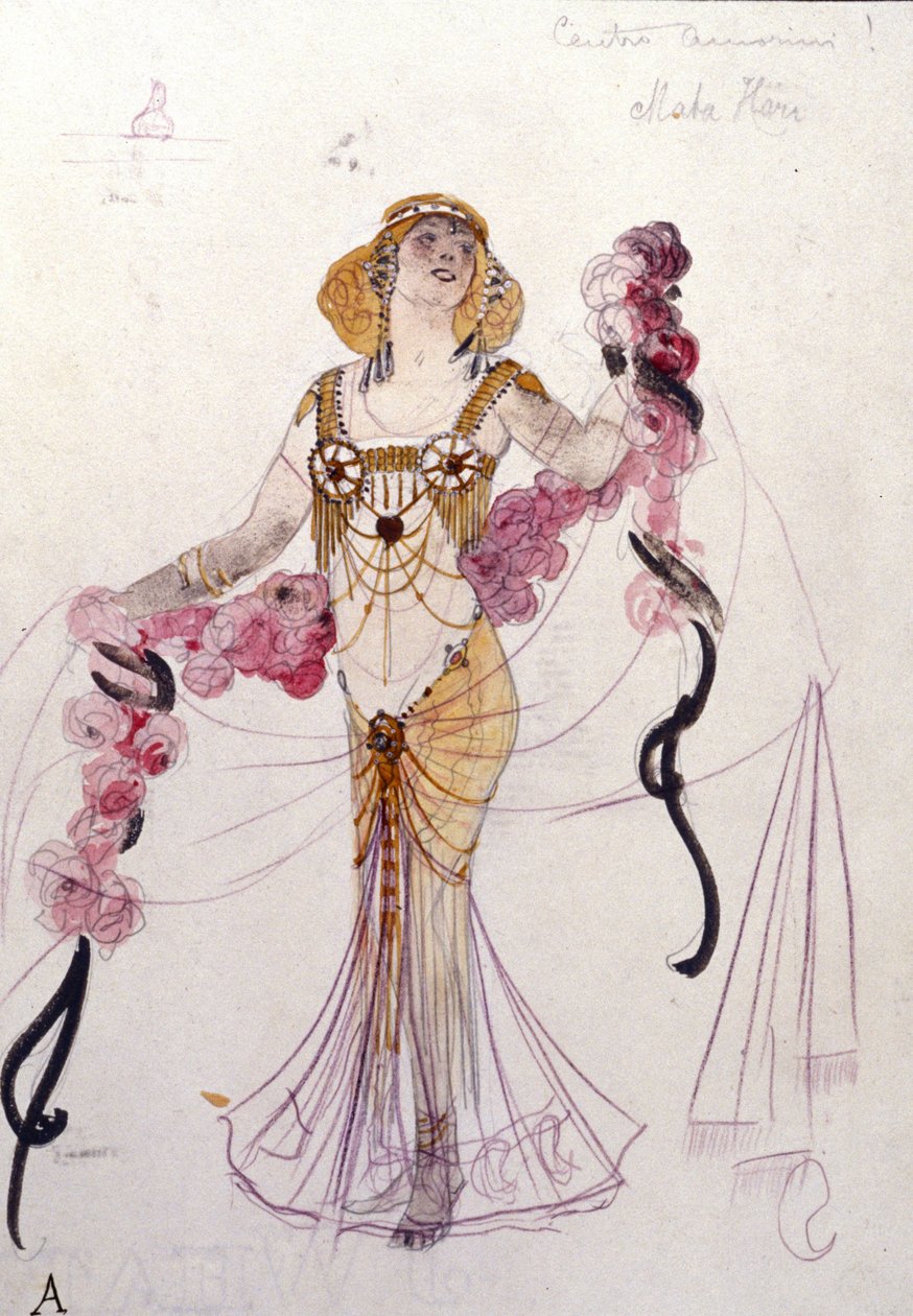 玛塔·哈里 (Mata Hari) 的服装由朱塞佩·帕兰蒂 (Giuseppe Palanti，1881-1946) 于 1912 年为舞会《酒神巴克斯 (Bacchus) 与甘布里努斯 (Gambrinus)》设计。 米兰斯卡拉剧院博物馆。 作者 朱塞佩·帕兰蒂