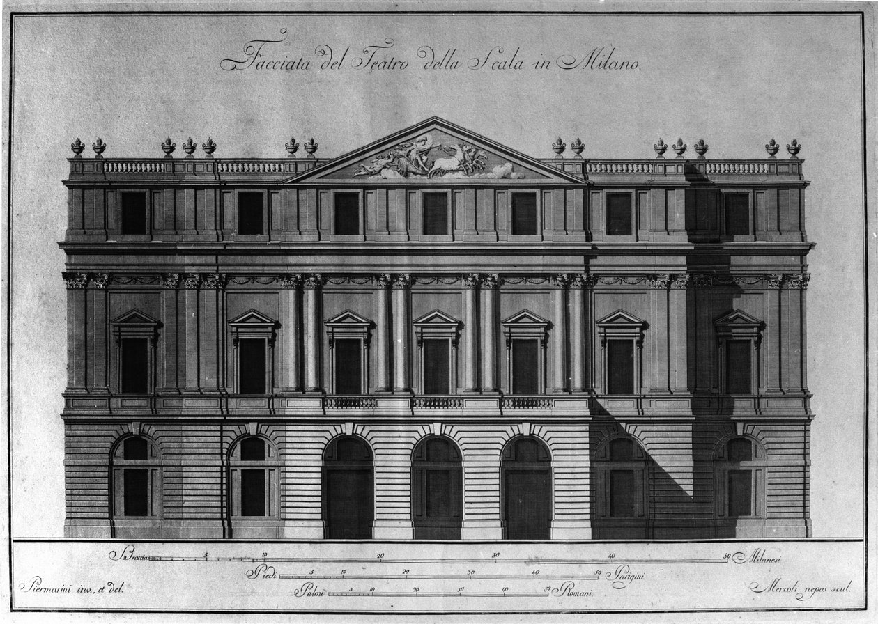 朱塞佩-皮尔马里尼（1734-1808）绘制的米兰斯卡拉剧院（Teatro alla Scala）的外墙建筑图。 作者 朱塞佩·皮耶尔马里尼（Giuseppe Piermarini）