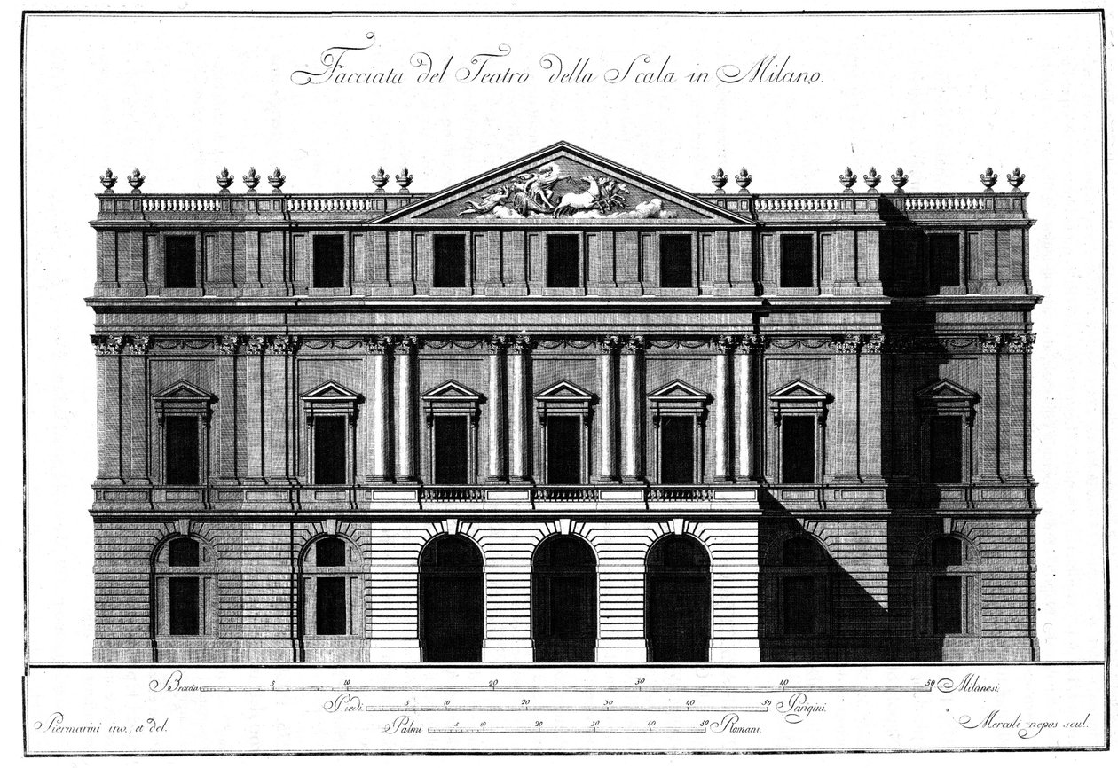 朱塞佩-皮尔马里尼（1734-1808）绘制的米兰斯卡拉剧院（Teatro alla Scala）的外墙建筑图。 作者 朱塞佩·皮耶尔马里尼（Giuseppe Piermarini）