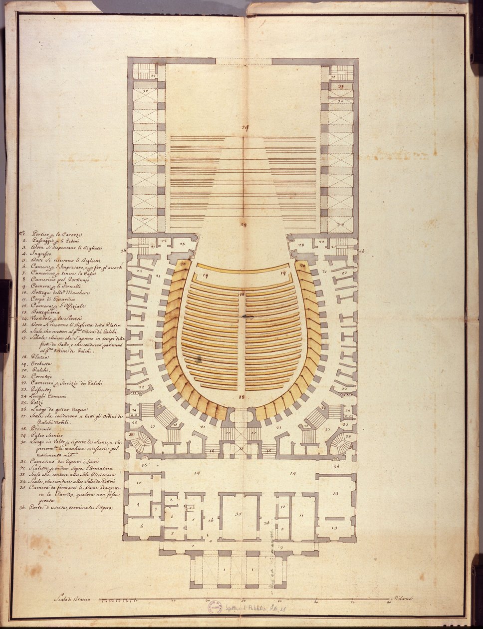 Original drawing of the interior architecture of the Teatro alla Scala 作者 朱塞佩·皮耶尔马里尼（Giuseppe Piermarini）