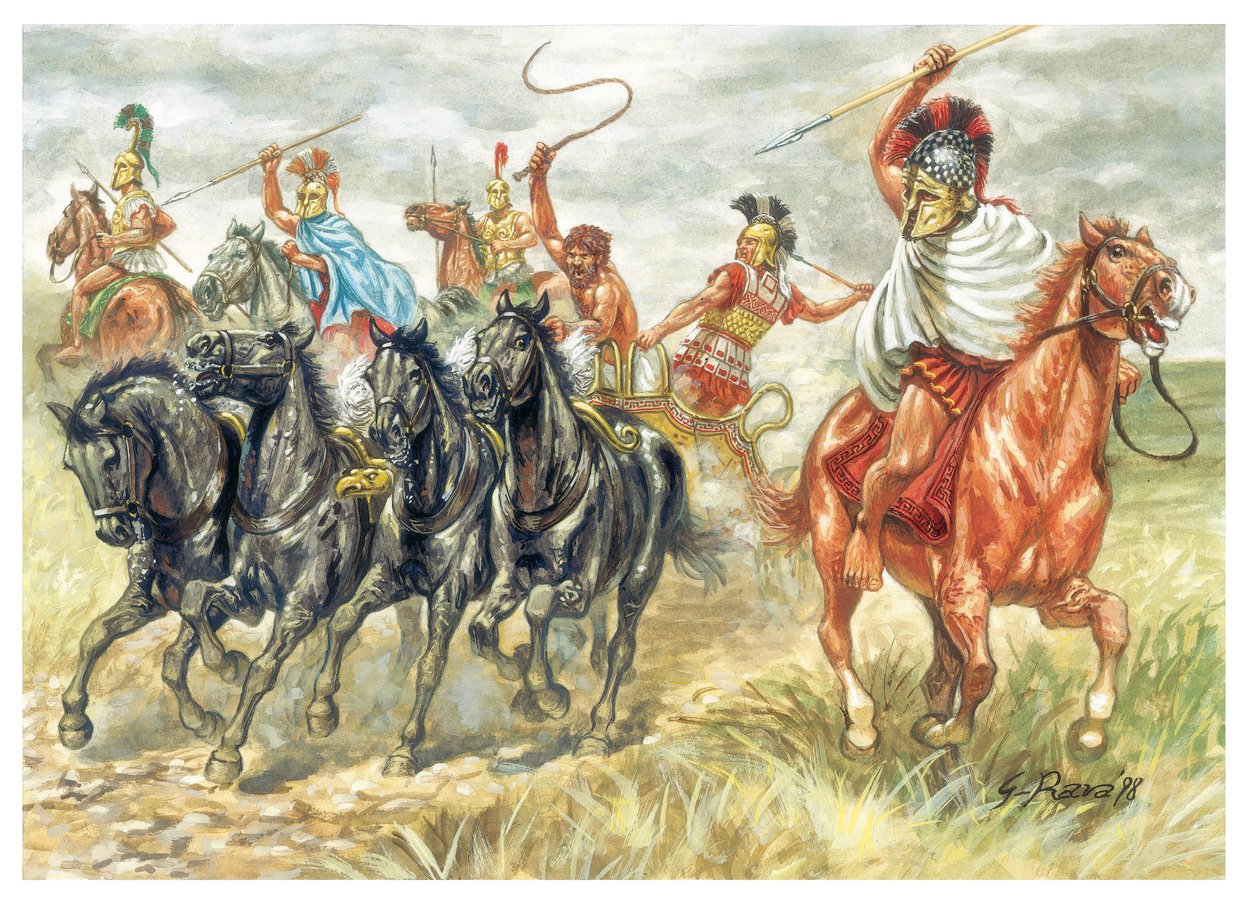 古希腊：古希腊：希腊骑兵和坦克 - 古希腊：希腊骑兵和 char - 插图：Giuseppe Rava 作者 朱塞佩·拉瓦（Giuseppe Rava）