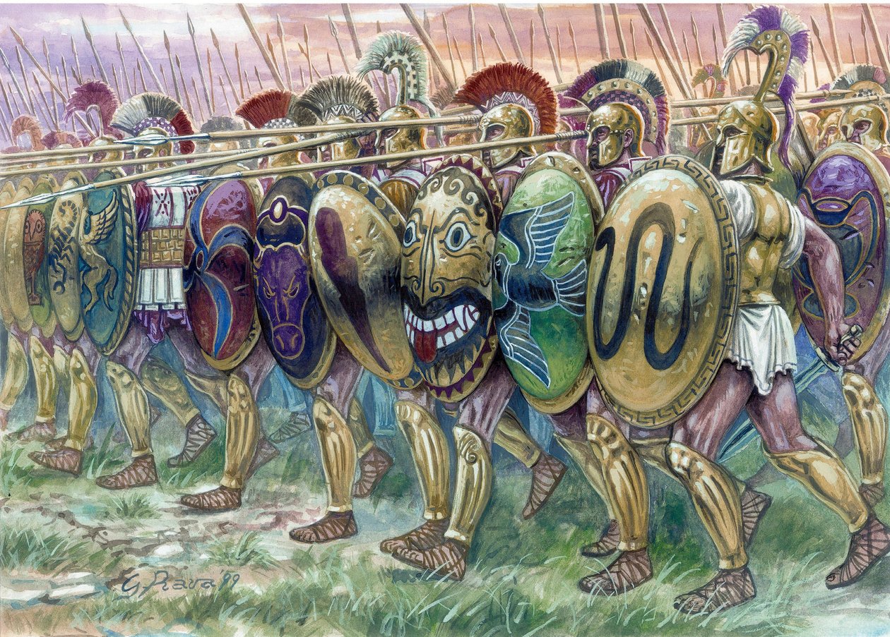 古希腊：重武器步兵的冲锋 - 希腊步兵的冲锋 - 插图：Giuseppe Rava 作者 朱塞佩·拉瓦（Giuseppe Rava）
