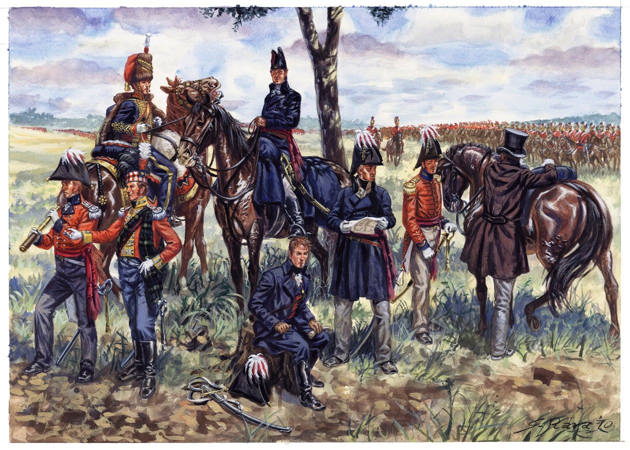 第一帝国：1815 年 6 月 18 日滑铁卢战役中的威灵顿公爵参谋部 - 插图：Giuseppe Rava 作者 朱塞佩·拉瓦（Giuseppe Rava）