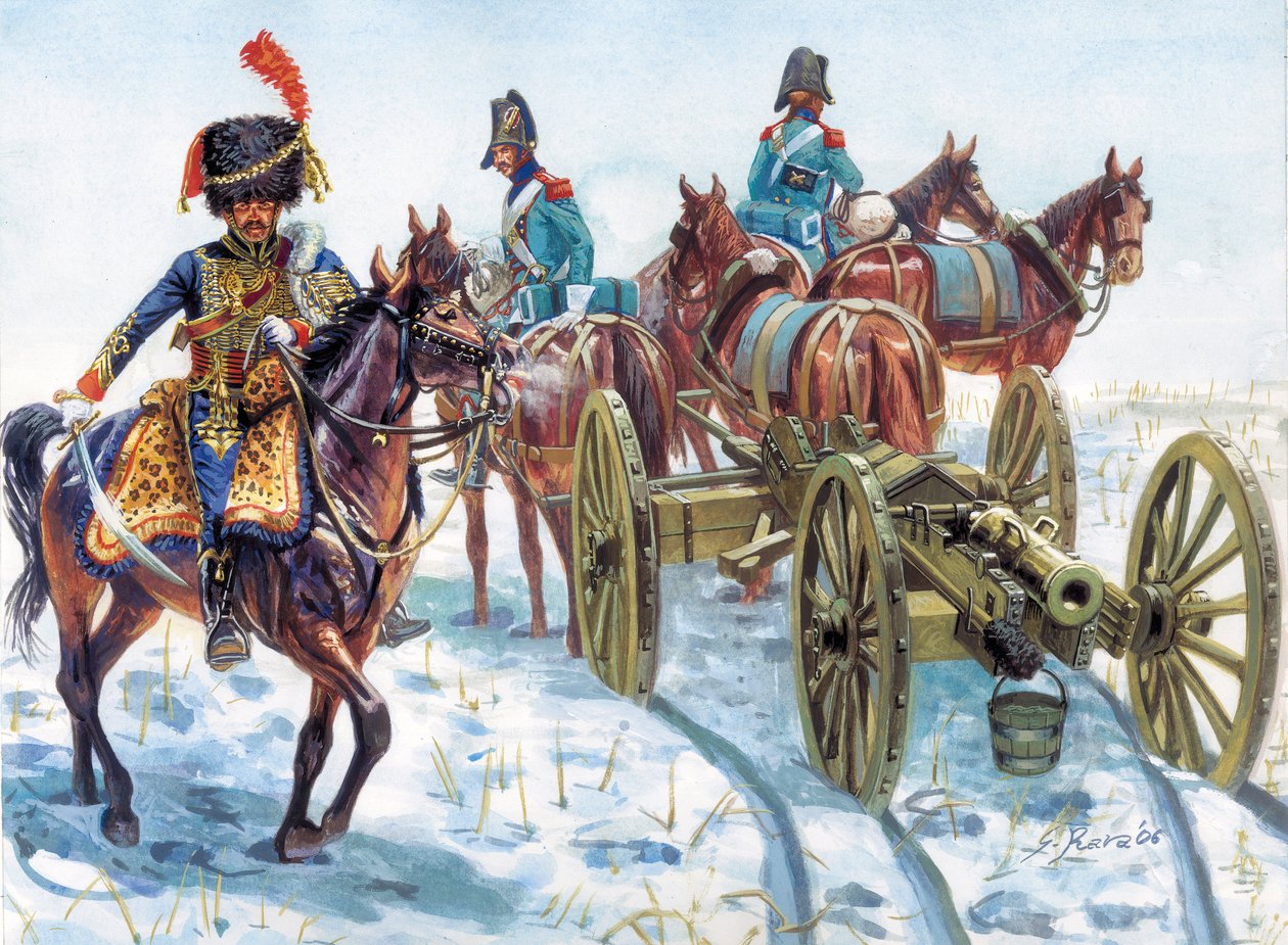 第一帝国（1804-1814）：大军骑兵在雪中牵引火炮 - 第一帝国：大军骑兵在雪中牵引火炮 - 朱塞佩-拉瓦插图 作者 朱塞佩·拉瓦（Giuseppe Rava）