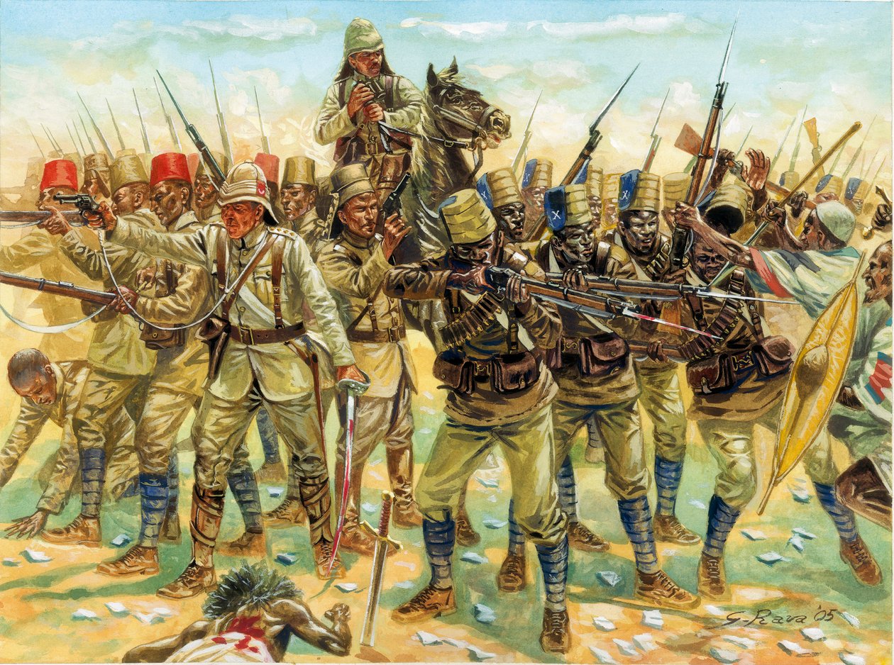 马赫迪斯特战争（苏丹战争）（1881-1899 年）：1898 年 9 月 2 日乌姆杜尔曼战役中的存在部队（右为苏丹苦行僧，左为英埃军队）--马赫迪斯特战争（或马赫迪斯特起义）：1898 年 9 月 2 日苏丹和埃及军队之间的乌姆杜尔曼战役（1898 年 9 月 2 日）。 作者 朱塞佩·拉瓦（Giuseppe Rava）