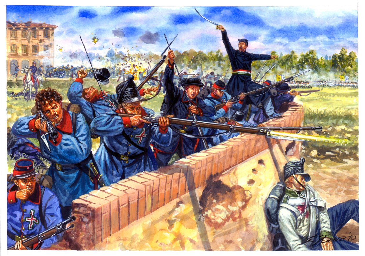 Risorgimento, First Italian Independence War, Italian students during the battle of Curtatone and Montanara on 29/05/1848 - 第一次意大利独立战争，1848 年 5 月 29 日柯塔通和蒙塔纳拉战役中的意大利学生 - 插图 b 作者 朱塞佩·拉瓦（Giuseppe Rava）