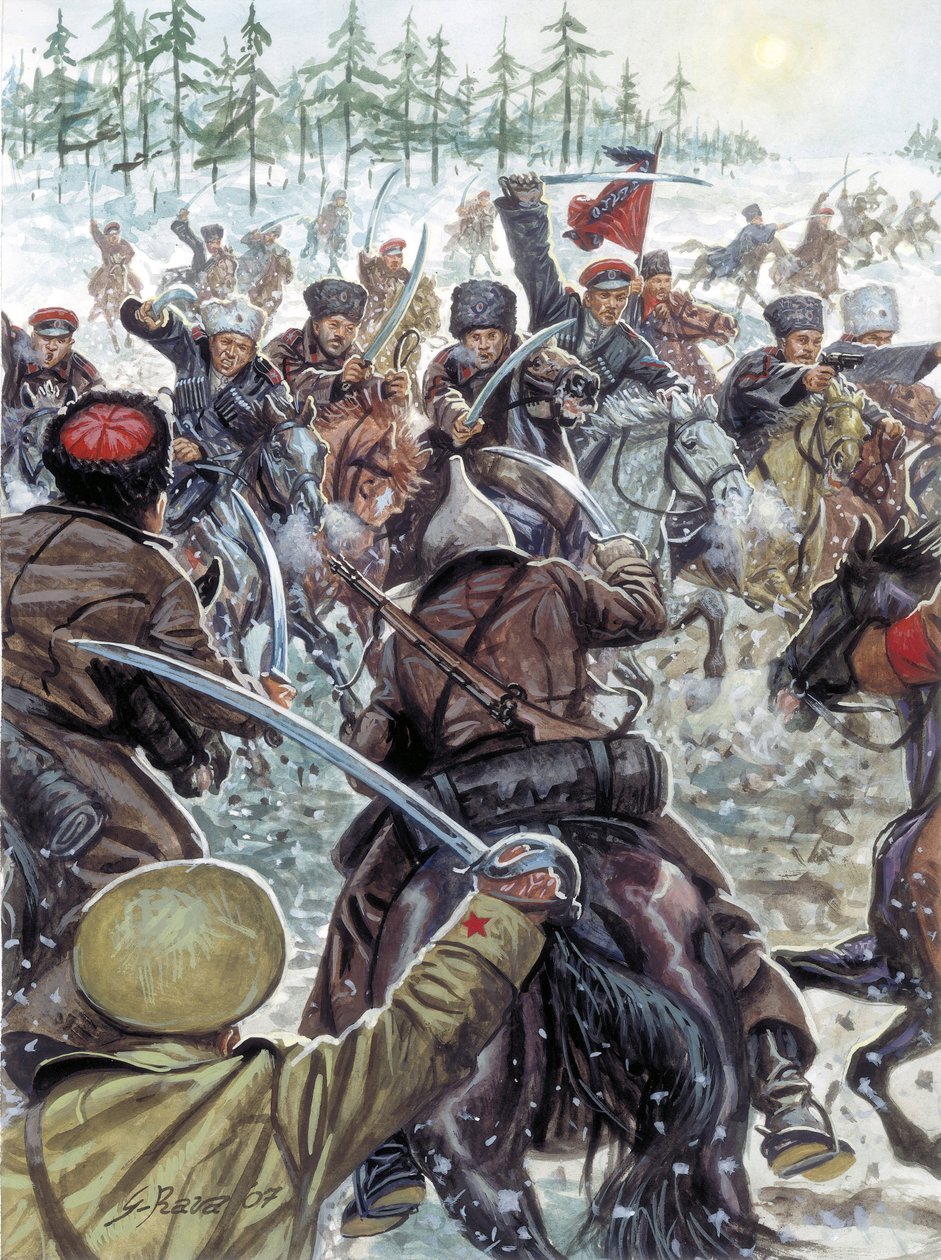 俄罗斯内战（1917-1923 年）：1919 年站在白军一边的高加索士兵 - 俄罗斯内战：1919 年哥萨克与白俄军队作战 - 朱塞佩-拉瓦插图 作者 朱塞佩·拉瓦（Giuseppe Rava）