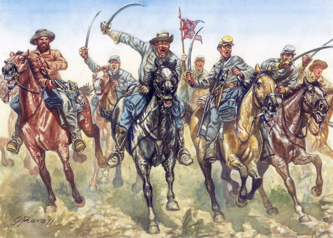 分裂战争（1861-1865 年） - 美国内战：邦联骑兵冲锋 - 插图：Giuseppe Rava 作者 朱塞佩·拉瓦（Giuseppe Rava）