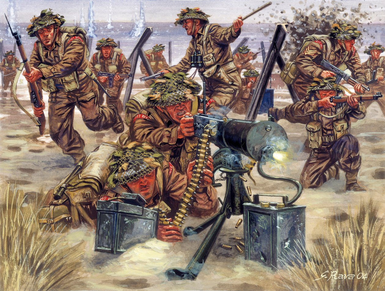 第二次世界大战：1944 年 6 月在诺曼底登陆的英国士兵 - 第二次世界大战：诺曼底登陆，英国军队，1944 年 6 月 6 日 - 插图：Giuseppe Rava 作者 朱塞佩·拉瓦（Giuseppe Rava）