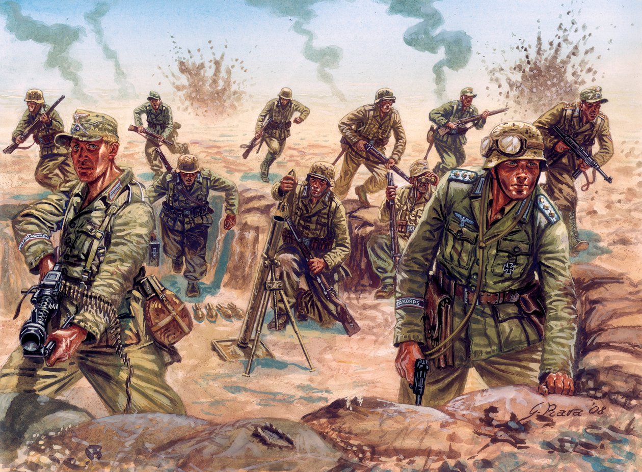 第二次世界大战，北非战役：德国远征军 "德国非洲军团"（Afrika Korps，Afrikakorps 或 DAK）在利比亚沙漠的士兵 作者 朱塞佩·拉瓦（Giuseppe Rava）