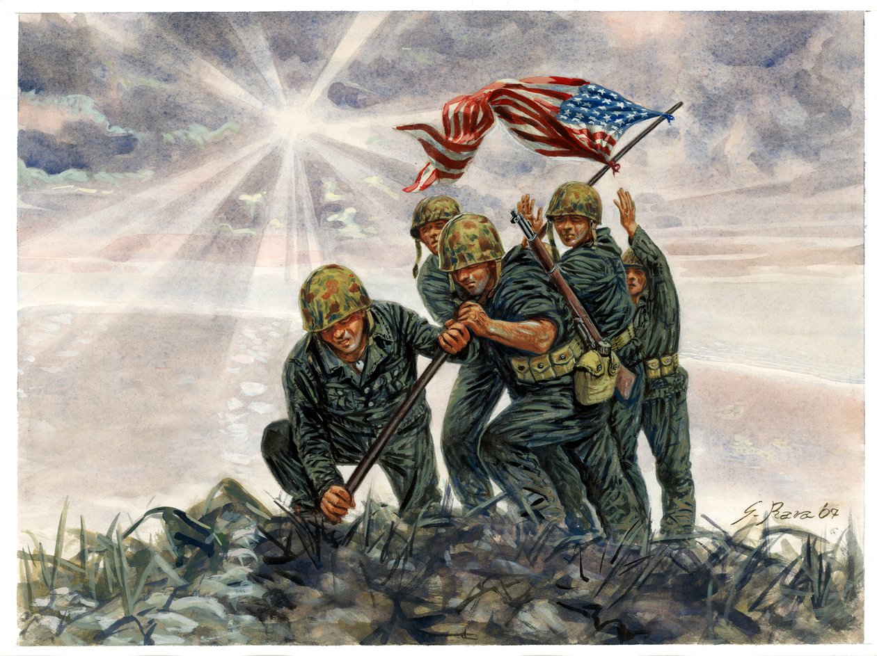 第二次世界大战，太平洋战争：硫磺岛战役，1945 年 2 月美国海军陆战队的胜利 - 第二次世界大战，太平洋战争：硫磺岛战役（支队行动），美国海军陆战队升起美国国旗，1945 年 2 月，日本 - 插图：Giuseppe Rava 作者 朱塞佩·拉瓦（Giuseppe Rava）