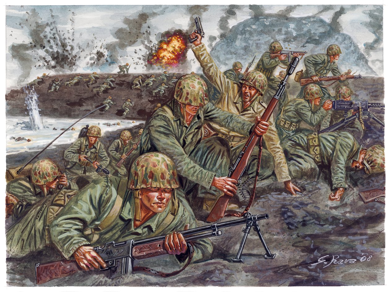 第二次世界大战，太平洋战争：1945 年 2 月 19 日在日本硫磺岛战役中登岸的海军陆战队两栖部队 - 第二次世界大战，太平洋战争：1945年2月19日美国海军陆战队两栖登陆硫磺岛战役（支队行动）--插图 作者 朱塞佩·拉瓦（Giuseppe Rava）