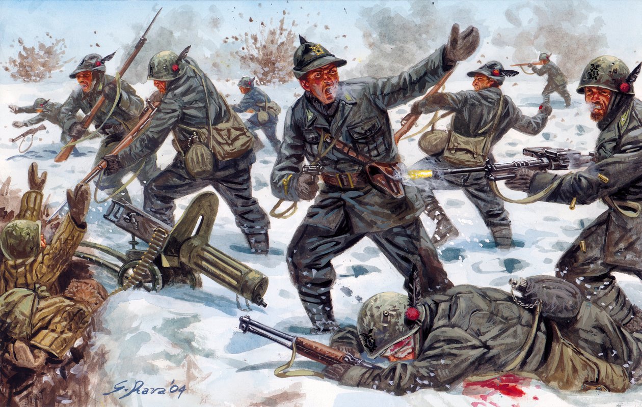 第二次世界大战，俄罗斯前线：二战，俄罗斯前线：1943 年 1 月，俄罗斯境内的意大利高山猎人 - 插图：Giuseppe Rava 作者 朱塞佩·拉瓦（Giuseppe Rava）