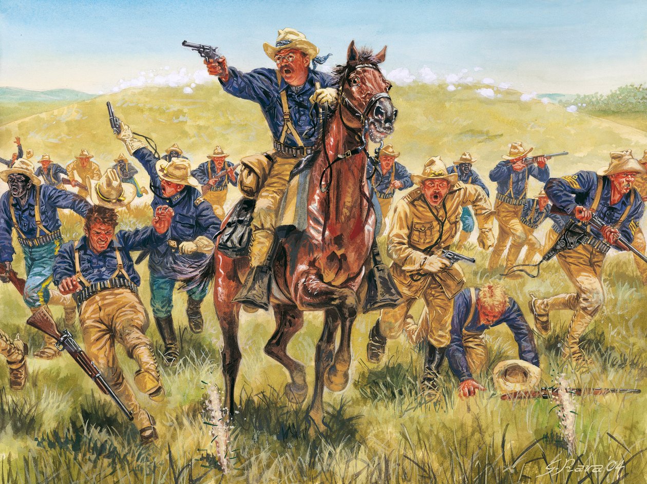 西班牙和北美之间的美西战争或古巴独立战争（1868-1898 年）：美国士兵和政治家西奥多-罗斯福（1858-1919 年）在古巴与骑兵一起冲锋的肖像--美西战争（古巴独立战争） 作者 朱塞佩·拉瓦（Giuseppe Rava）