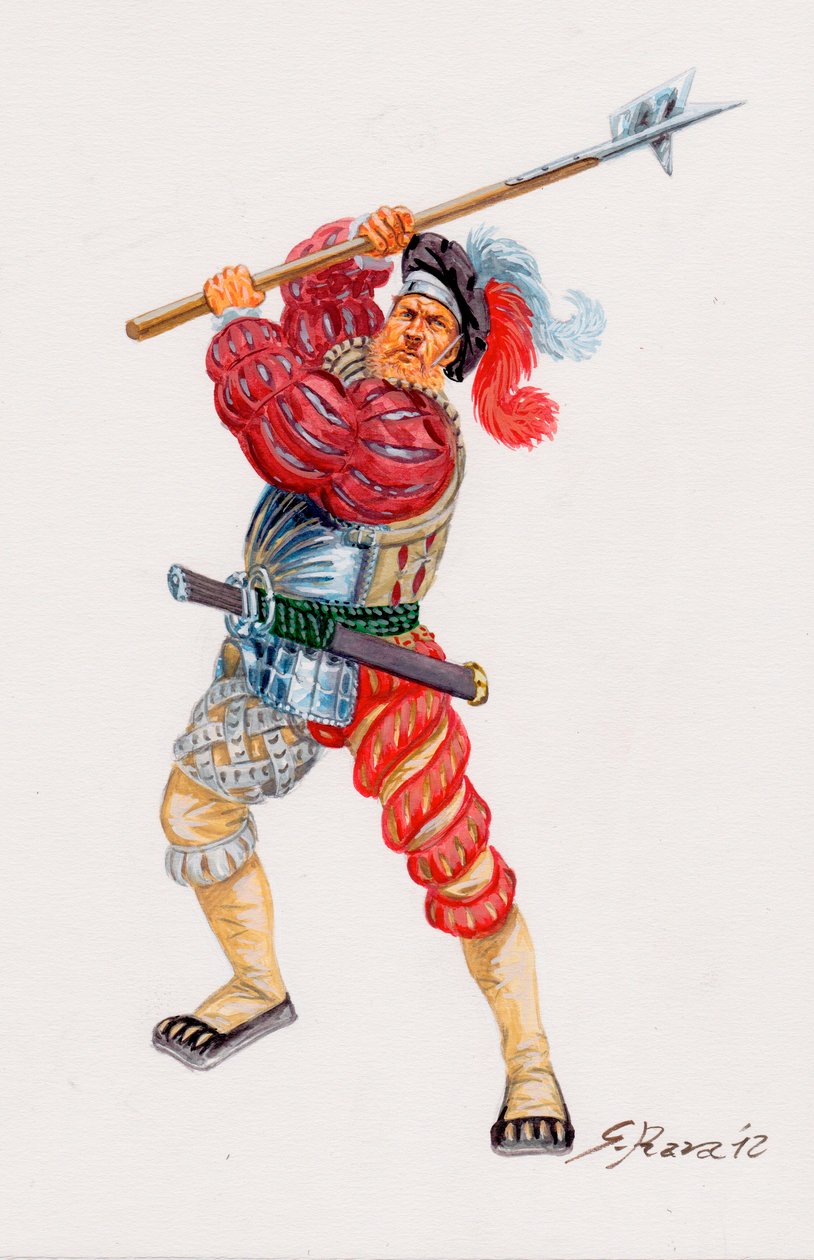 Un Lansquenet，德国雇佣兵长矛手 - a Landsknecht 德国雇佣兵长矛手 - 插图：Giuseppe Rava 作者 朱塞佩·拉瓦（Giuseppe Rava）