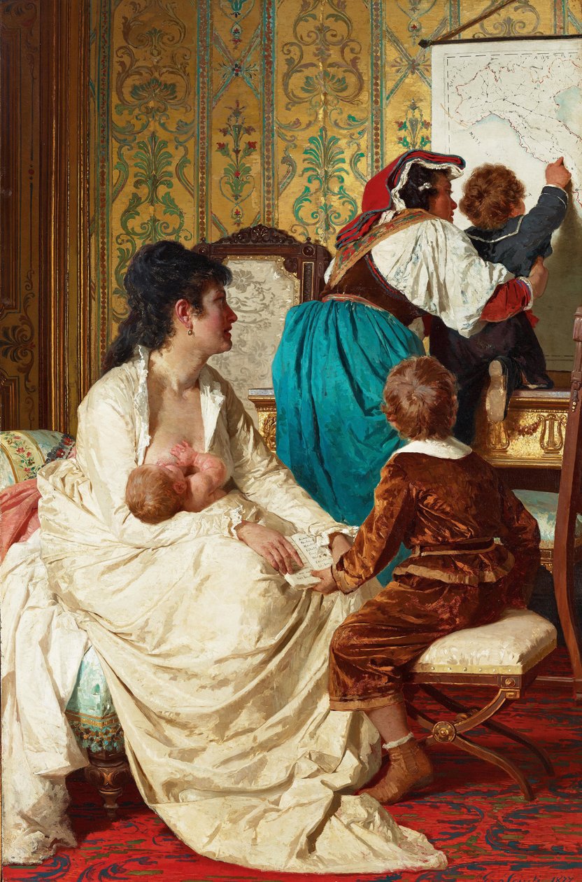 ““好母亲的喜悦”（The Joys Of The Good Mother）一位母亲给她的婴儿喂奶 - Giuseppe Sciuti (1834-1911) 1877 年私人收藏 作者 朱塞佩·舒蒂（Giuseppe Sciuti）
