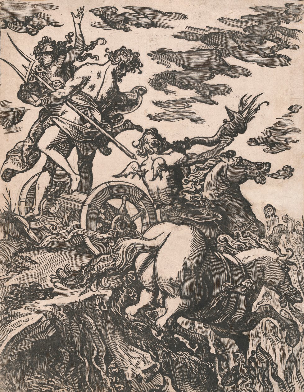 珀尔塞福涅的强奸，右边是骑马的普鲁托，1590-1607。 作者 朱塞佩·斯科拉里