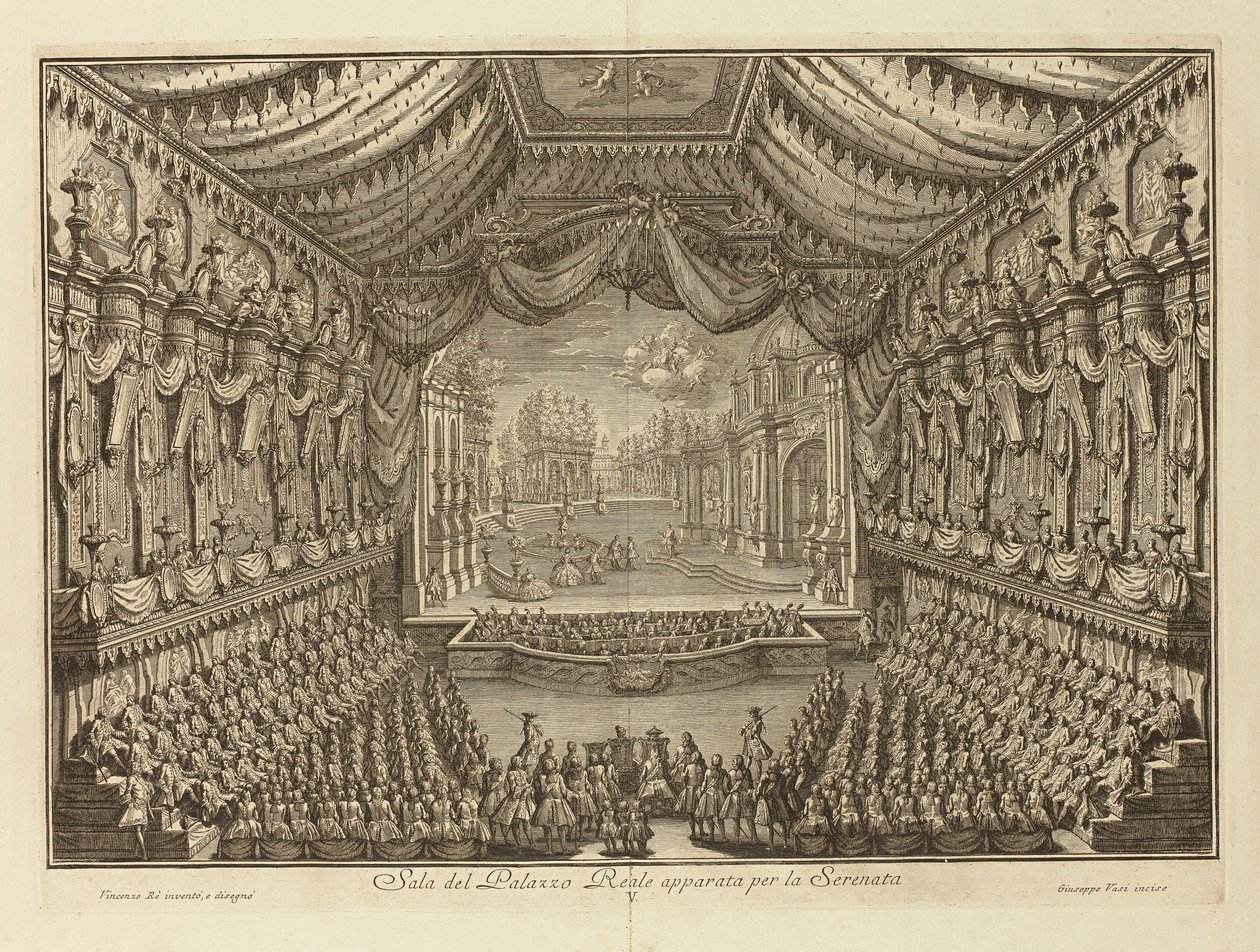 The Performance of La Serenata in the Royal Palace of Naples par Vasi, Giuseppe (1710-1782). Copper engraving, size : 41,5x62 作者 朱塞佩·瓦西