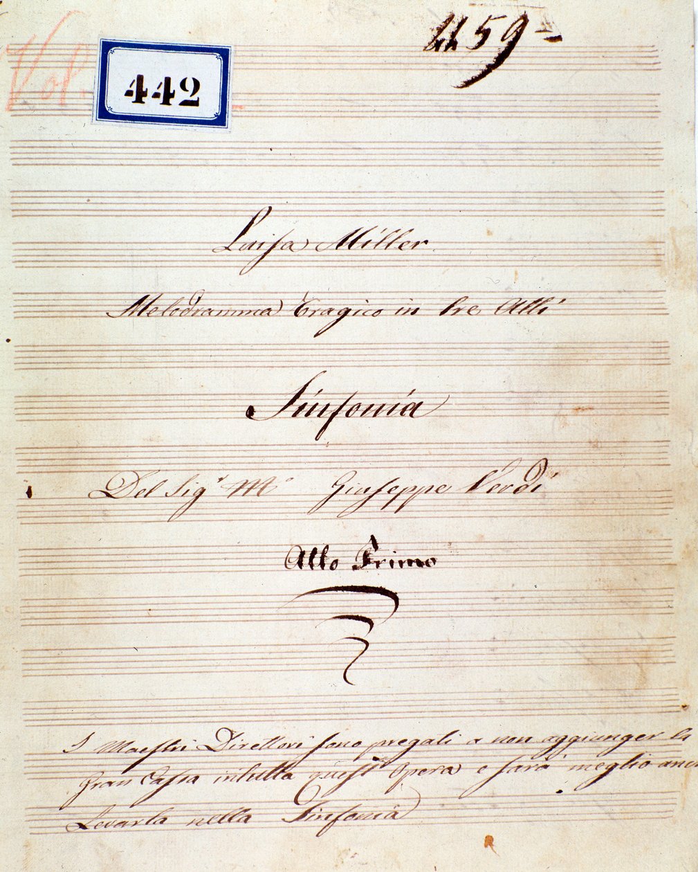 First page of musical score of symphony of Luisa Miller, opera by Giuseppe Verdi 作者 朱塞佩·威尔第