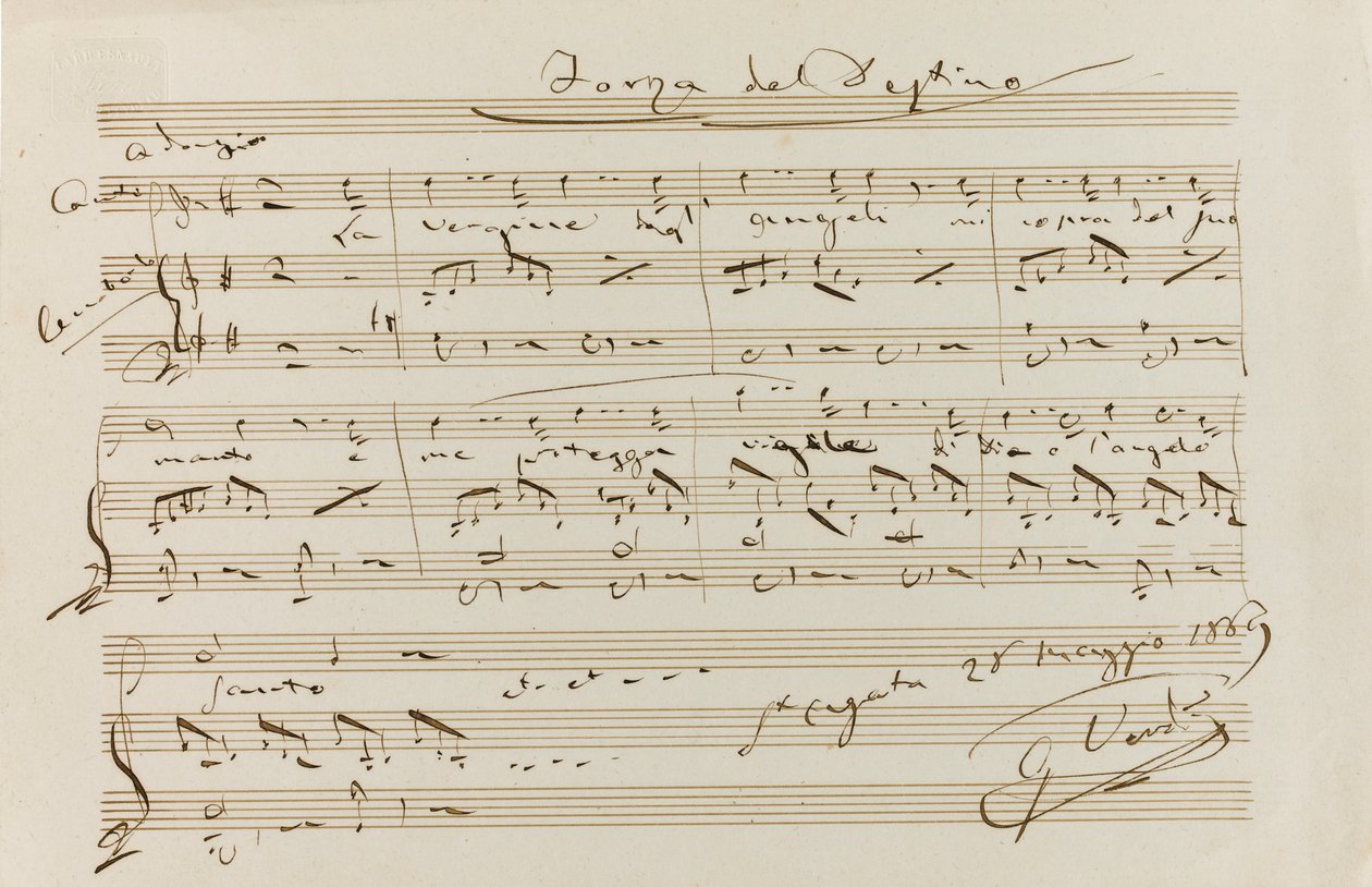 1869年5月28日在圣阿加塔（La Agasa del destino）的音乐引文。 作者 朱塞佩·威尔第