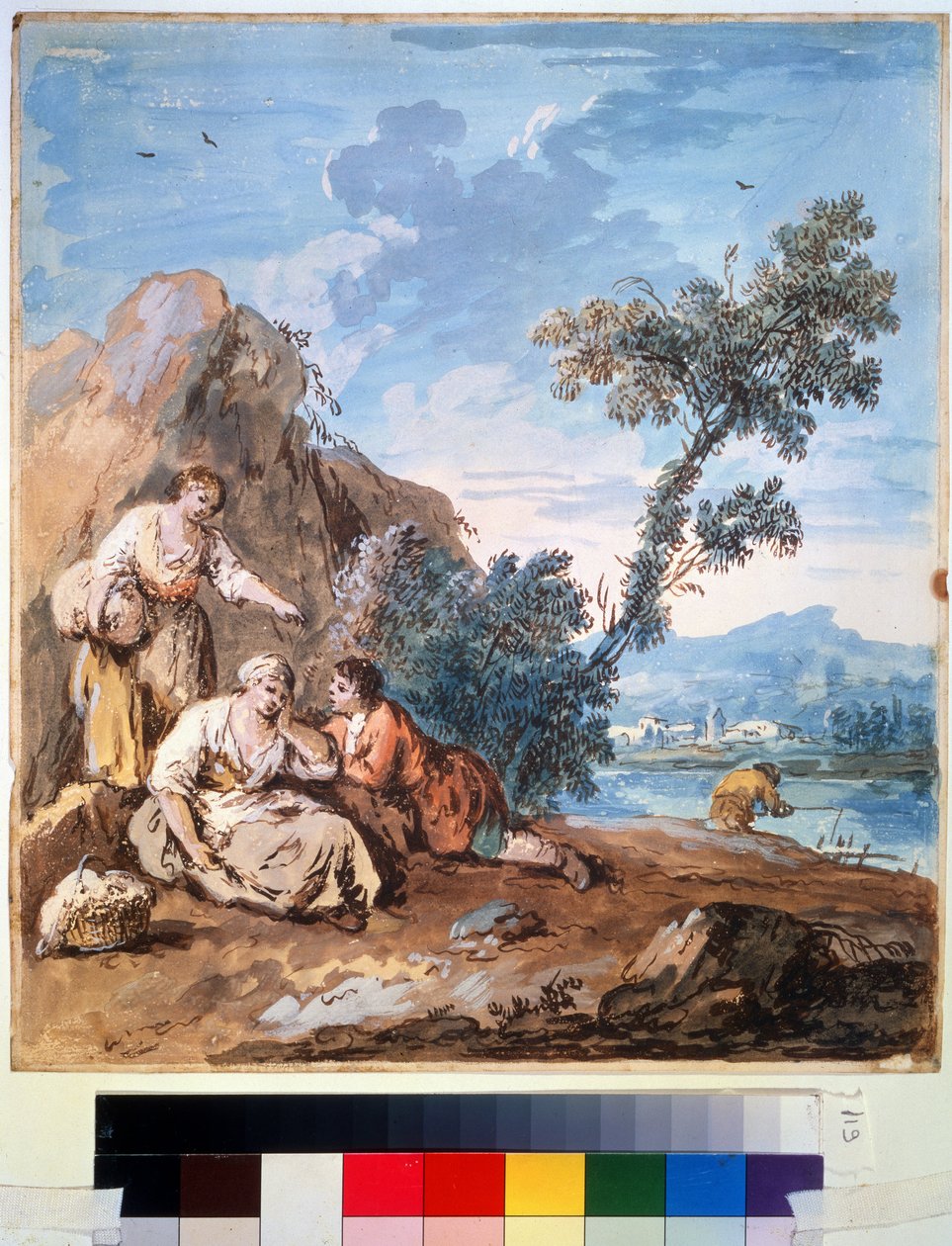 三个农民在河岸上休息。朱塞佩-泽斯（1709-1784 年）的作品。纸面水彩画，29.5 x 26.2 厘米，约 1750 年，威尼斯画派，18 世纪意大利绘画。普希金美术博物馆、 作者 朱塞佩·扎伊斯（Giuseppe Zais）