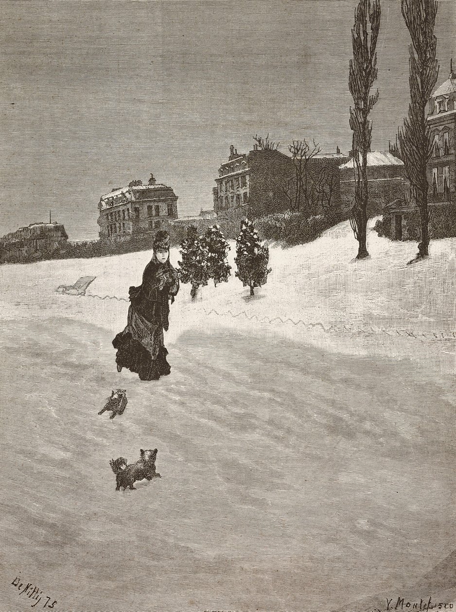 好冷！，走在雪地里的女人，雕刻自 Giuseppe De Nittis 的一幅画，由 Montefusco 绘制，L