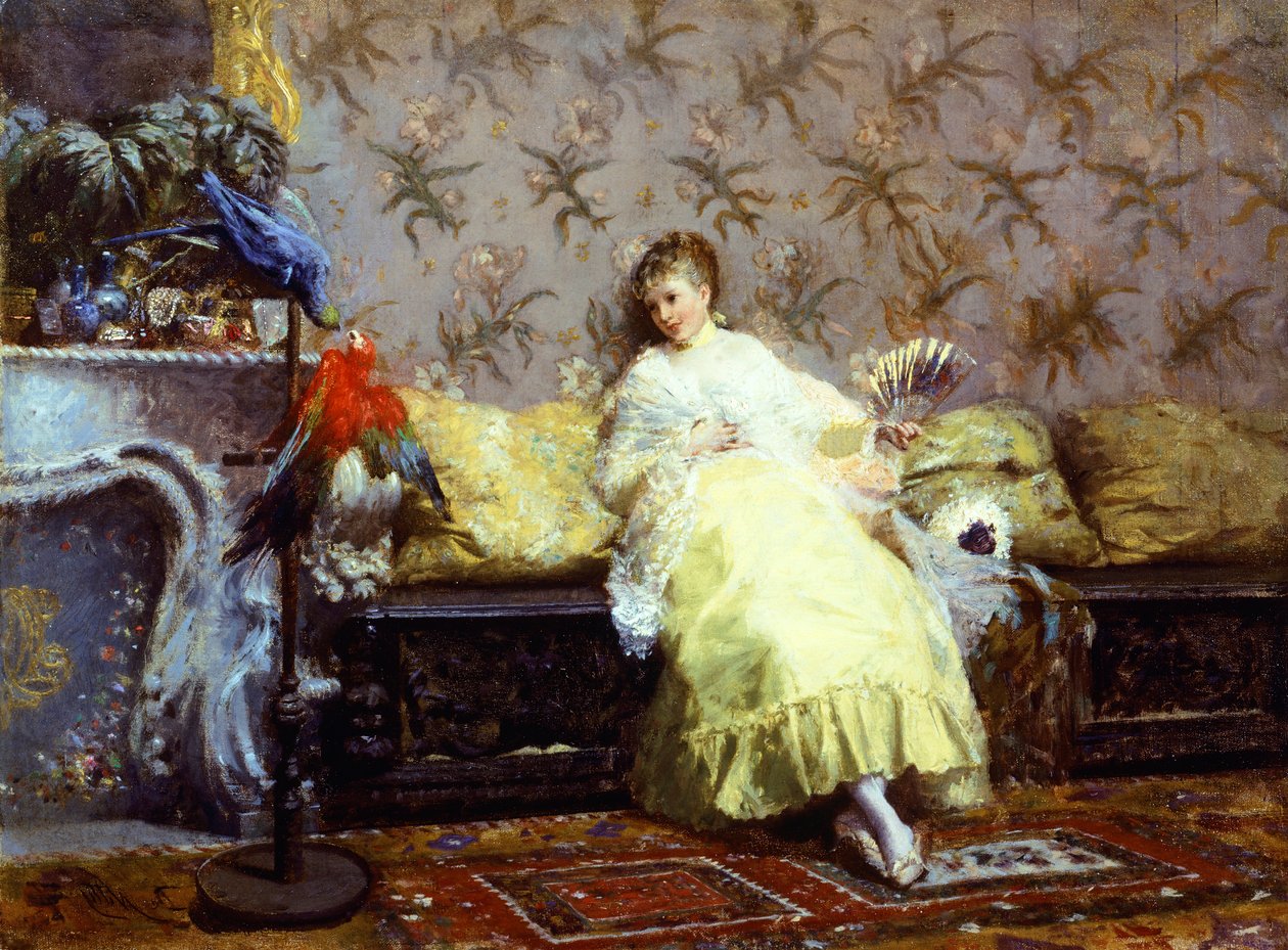 Lady with parrots, ca 1869, by Giuseppe de Nittis (1846-1884), oil on canvas, 24.2x23 cm. 作者 朱塞佩或约瑟夫·德尼蒂斯