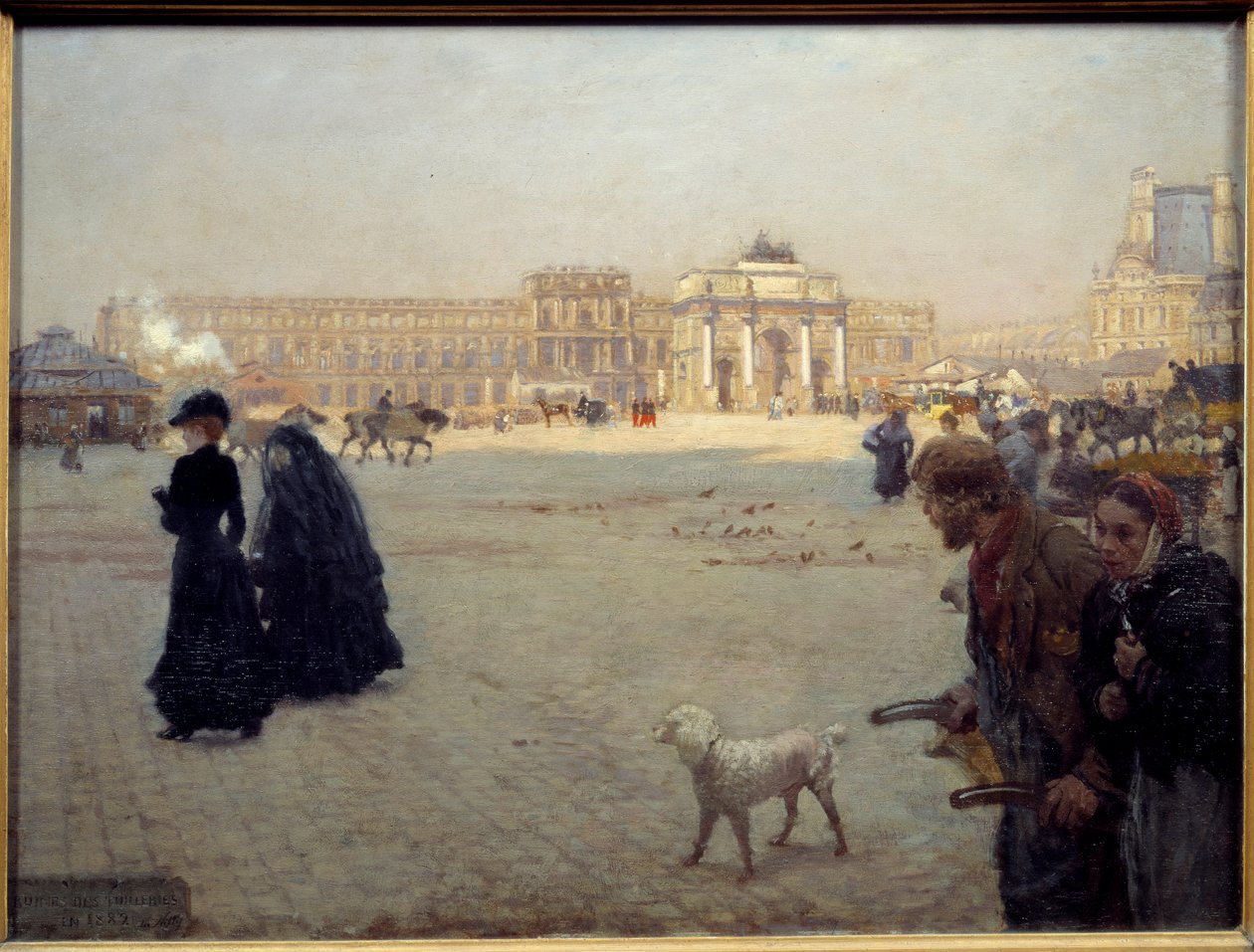 1882年的卡鲁塞尔广场（Place du Carrousel）废墟上的杜伊勒里宫。表现巴黎景色的桌子。吉塞普-尼蒂斯（1846 - 1884）的画作 作者 朱塞佩或约瑟夫·德尼蒂斯