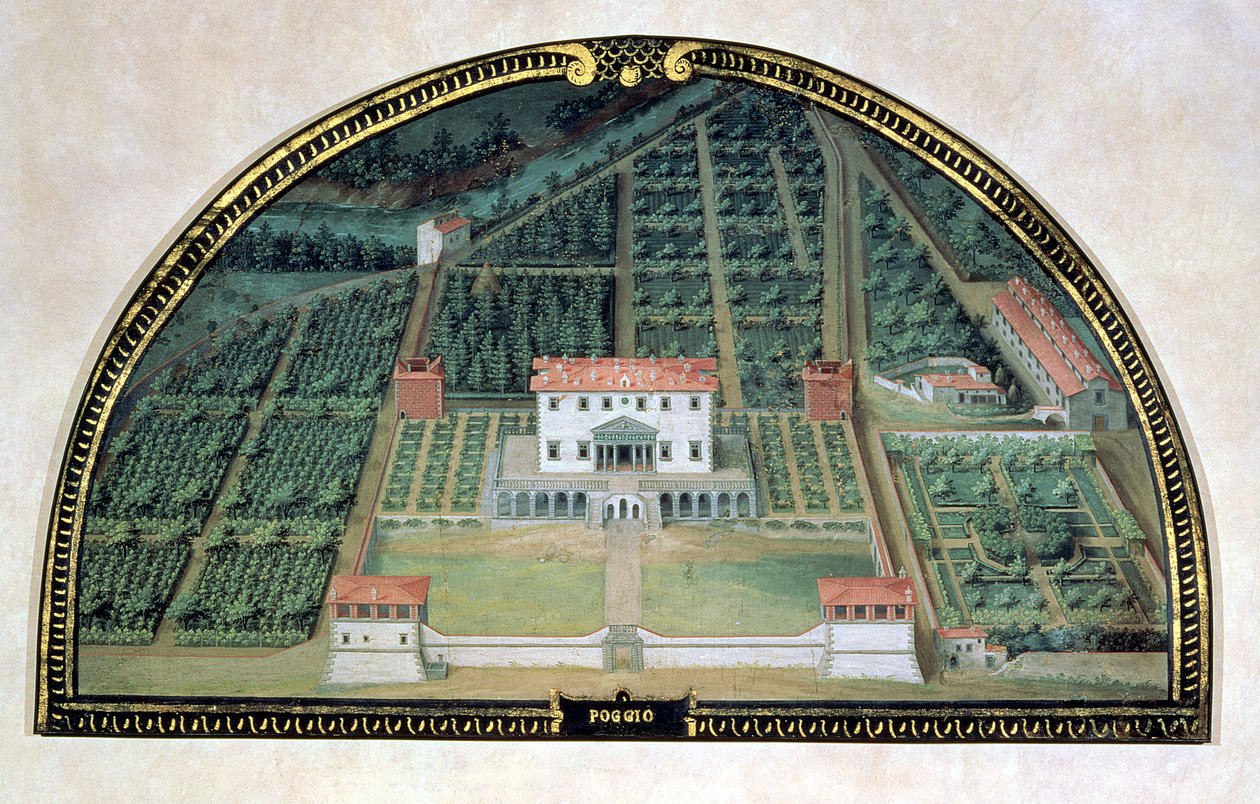 Villa Poggio a Caiano来自一系列的Lunettes，描绘了Medici别墅的景色，1599（面板上的蛋彩画） 作者 朱斯托·乌滕斯