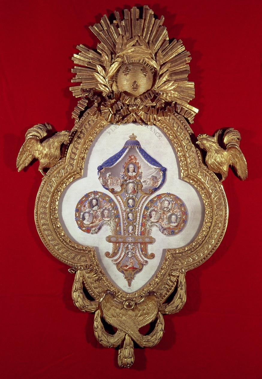 法国芙蓉（Fleur de France），有十三幅路易十五（1710-74）肖像的家谱树，他的后代采用鸢尾花形状框架，1765年（金和珐琅） 作者 钟楼