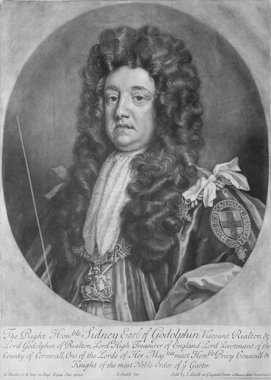 Sidney Godolphin（1645-1712）的肖像Godolphin的第一伯爵由John Smith（1652-1743）1707（mezzotint）雕刻和出版 作者 戈弗雷·克纳勒