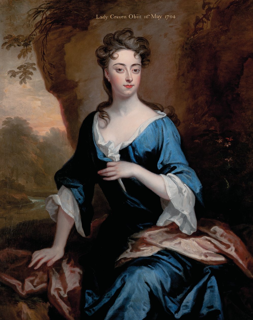 伊丽莎白·斯基普威斯（Elizabeth Skipwith），克雷文夫人的画像，长四分之三，穿着蓝色连衣裙和红色披肩，林木覆盖的河流景观，1704年 作者 戈弗雷·克纳勒