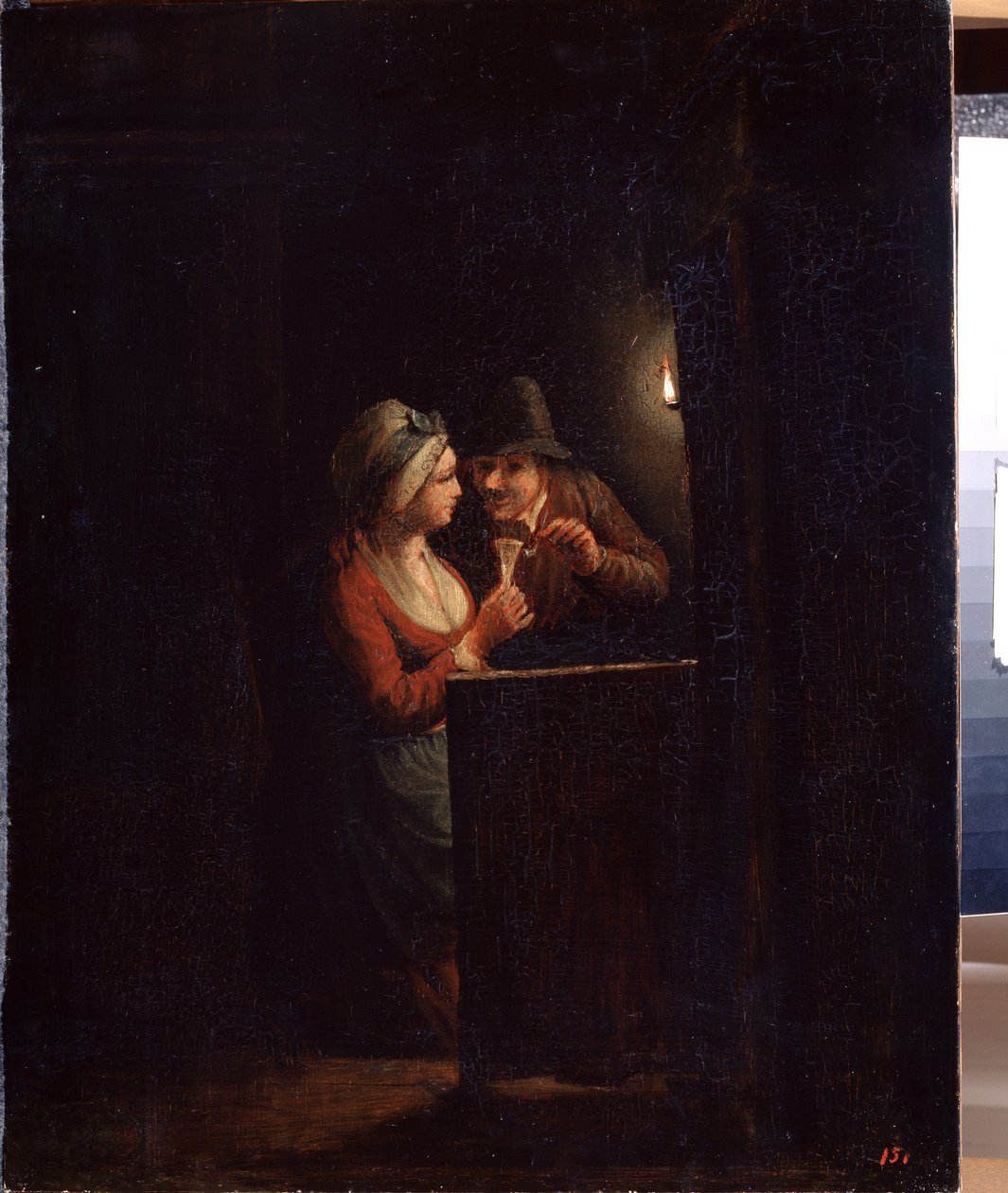 烛光下的一男一女。戈弗里德-科内利兹-沙尔肯（1643-1706 年）的画作。布面油画，31 x 25 厘米。 荷兰艺术，巴洛克艺术。圣彼得堡加奇纳国家露天博物馆。 作者 戈弗里德·沙尔肯