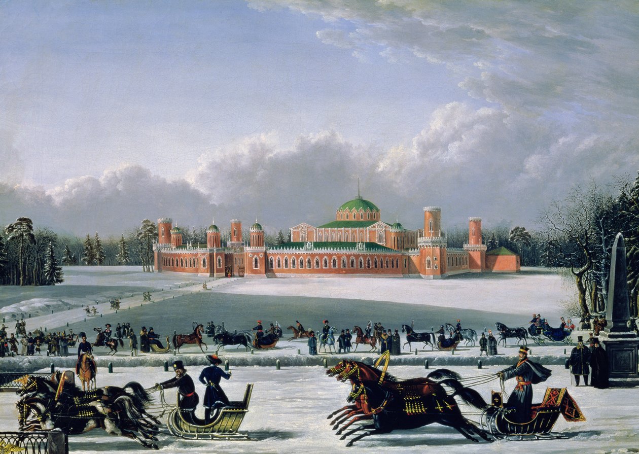 1848年在莫斯科的彼得罗夫斯基公园举行的雪橇比赛 作者 格利岑