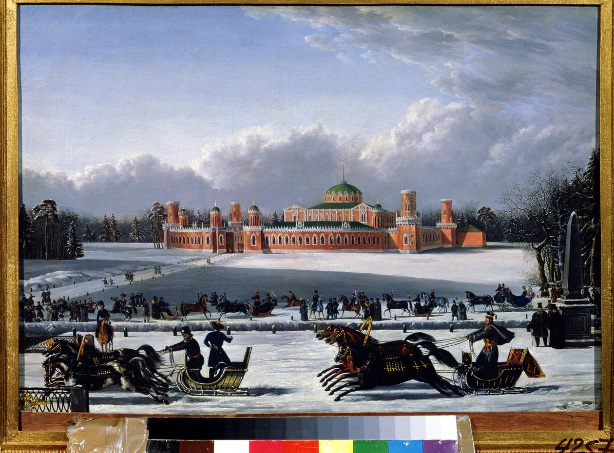 莫斯科彼得罗夫斯基公园的雪橇比赛。A.A. Golitsyn（19 世纪中叶）的画作，布面油画 作者 戈利岑 戈利岑
