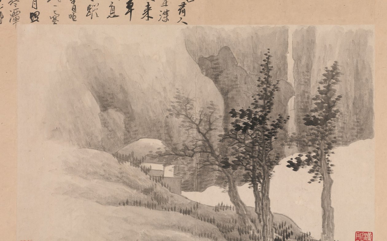 带诗的风景画，1688年。 作者 龚贤