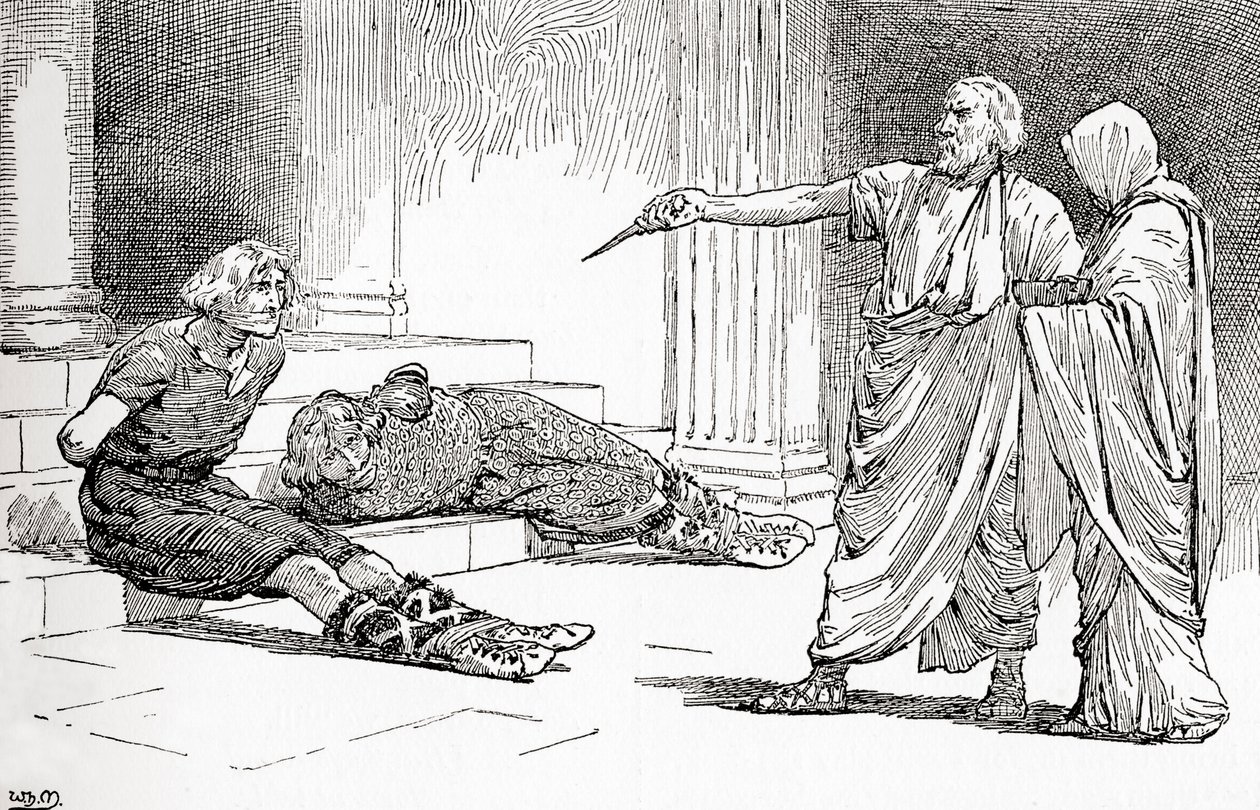 来自威廉·莎士比亚的一个场景扮演Titus Andronicus，第五幕，场景2，提图斯：来吧，来，拉维尼亚，看，你的敌人受到约束，来自威廉·莎士比亚的作品，出版于1896年 作者 戈登·弗雷德里克·布朗