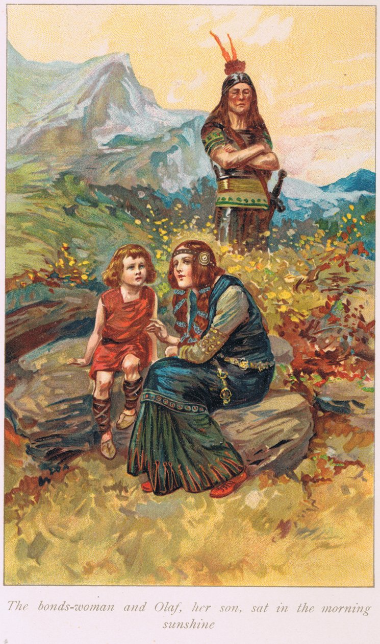 Bondswoman和她的儿子奥拉夫坐在早晨的阳光下，1926年出版的Alice S. Hoffman撰写的“萨阿斯书”中的插图 作者 戈登·弗雷德里克·布朗