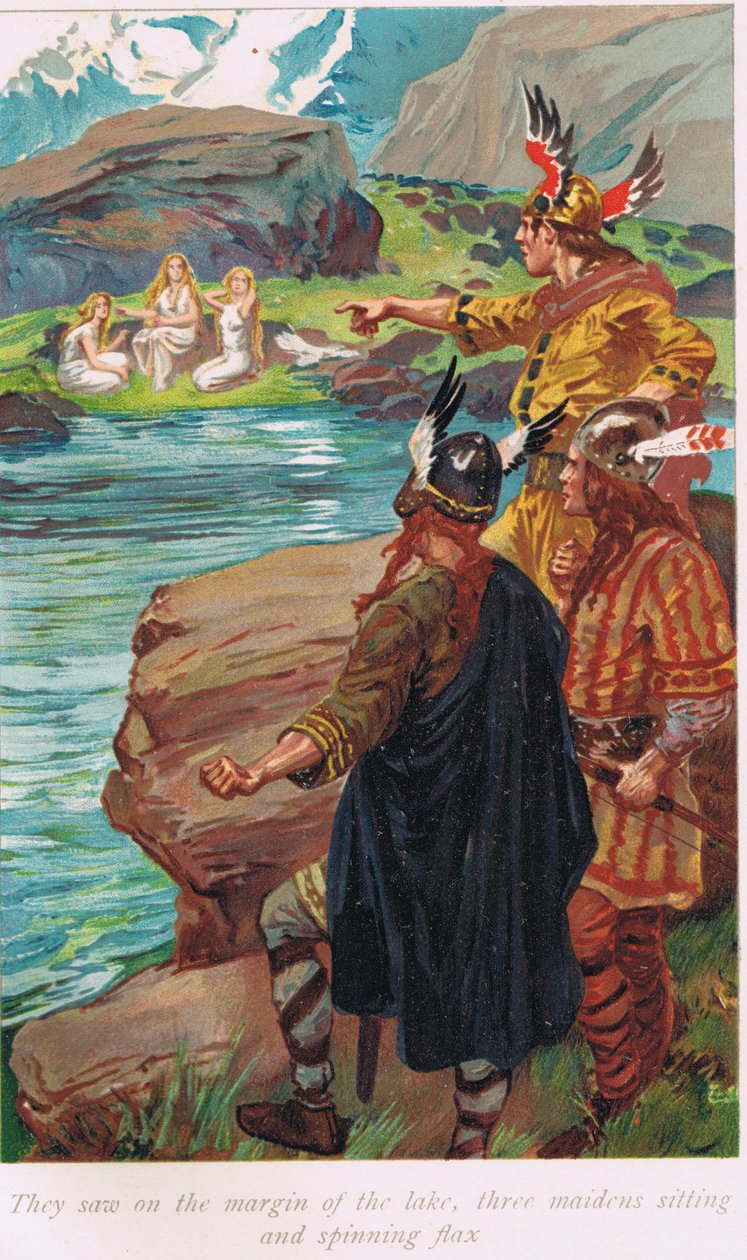 他们在湖边看到三个少女坐着旋转的亚麻，1926年出版的爱丽丝·霍夫曼的“萨迦书”中的插图 作者 戈登·弗雷德里克·布朗