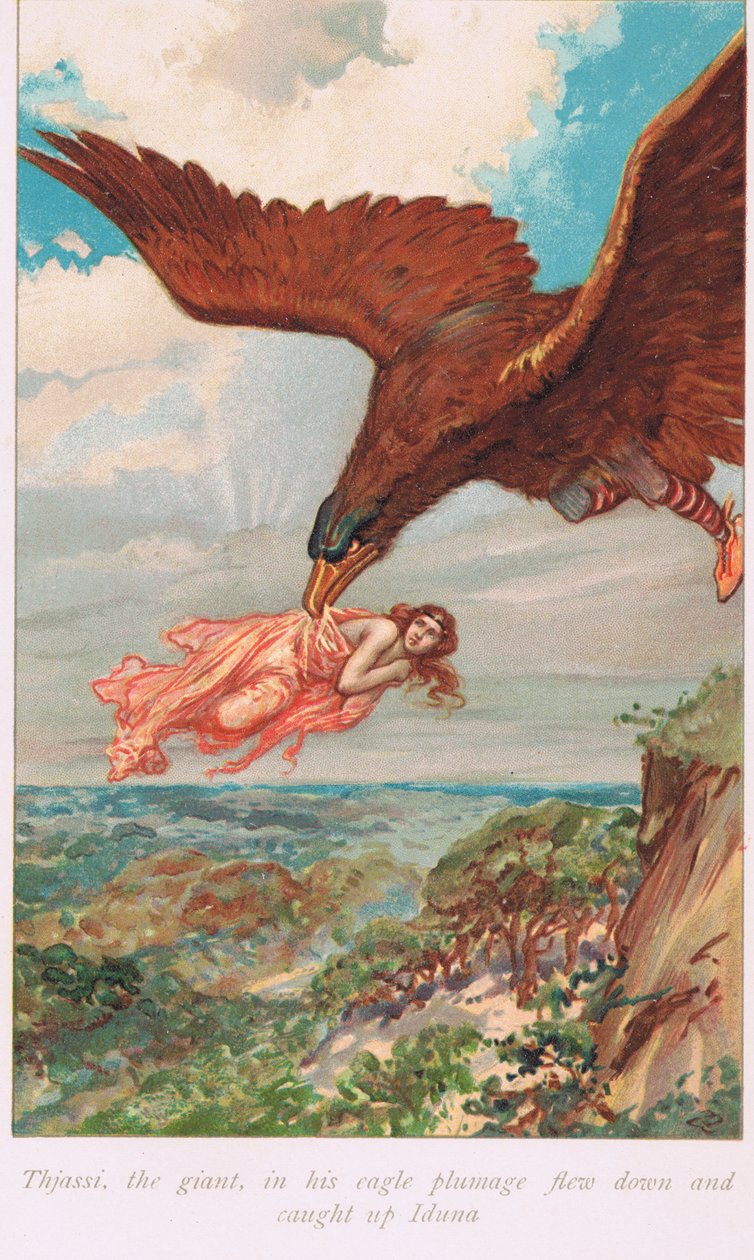 他的鹰羽毛巨人Thjassi飞了起来，追上了Iduna，这是1926年出版的Alice S. Hoffman撰写的“萨迦书”中的插图。 作者 戈登·弗雷德里克·布朗