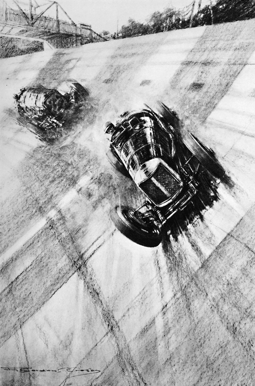 惠特尼·玛莎拉蒂（Whitney Straight Maserati）在布鲁克兰成员大桥成员转弯处，1933年，1937年 作者 戈登·克罗斯比