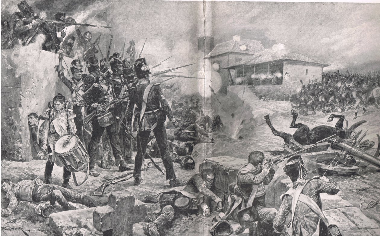 1811年5月16日，第57团在阿尔布埃拉战役中赢得了“死亡之谜”的绰号，来自“英国陆地和海上战役”的插图，由卡塞尔出版，伦敦，2010年 作者 戈登·弗雷德里克·布朗