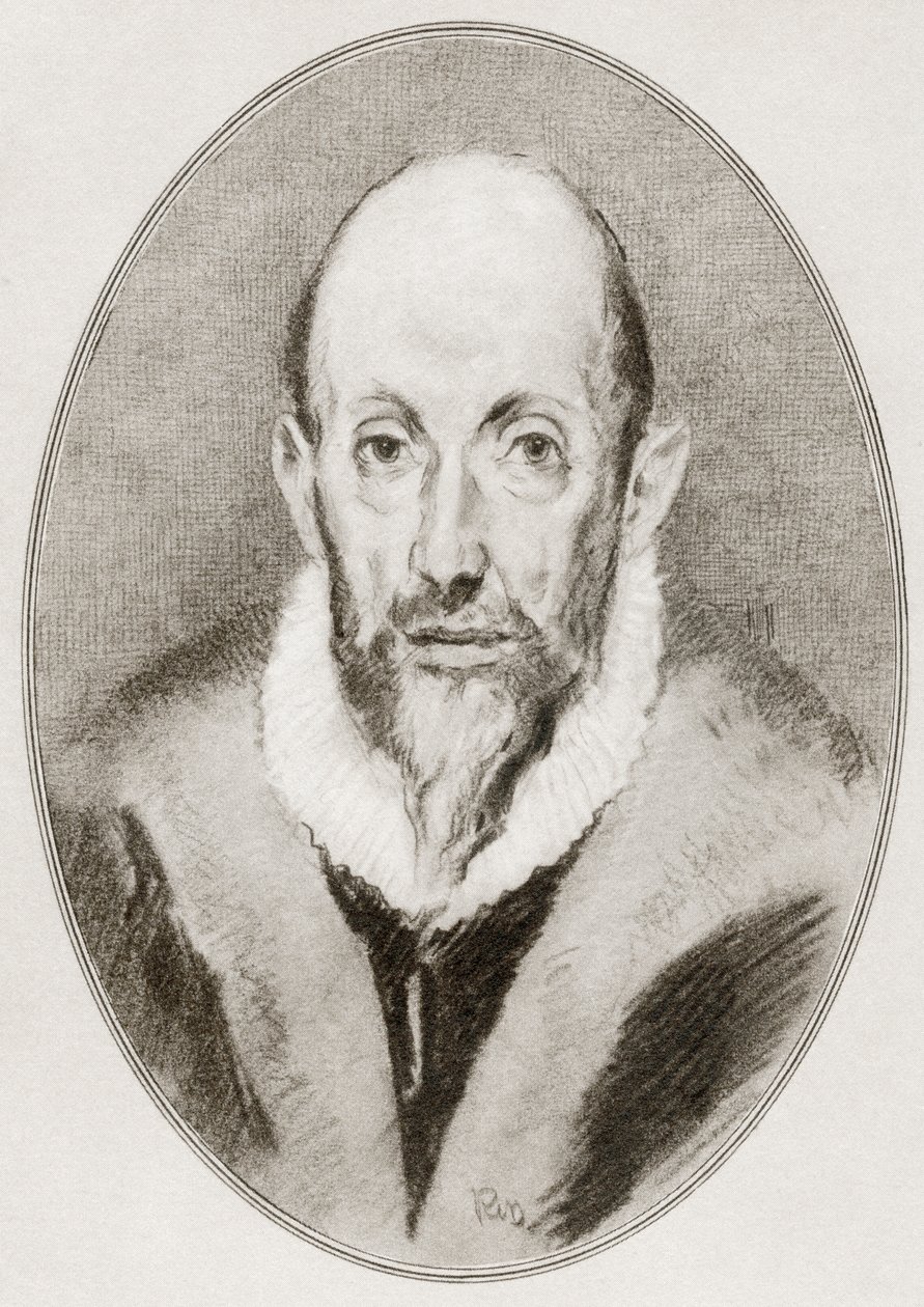 多梅尼科斯·泰奥托科普洛斯 (Domenikos Theotokopoulos)，埃尔·格列柯 (El Greco)，摘自《伟大画家的传记》。 作者 戈登·罗斯