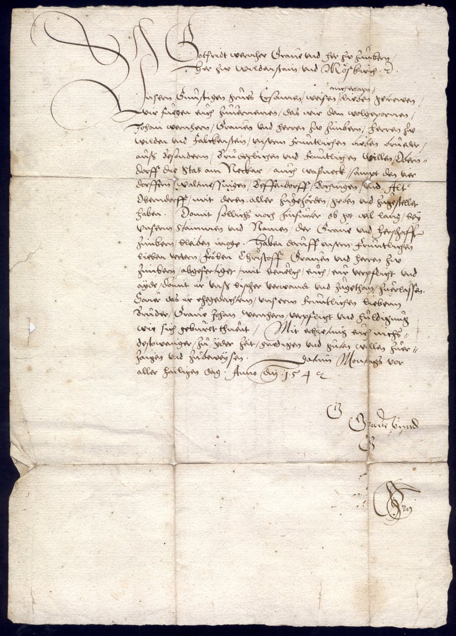 1542年10月30日，Gottfried Werner von Zimmern伯爵给Oberndorf镇市长，市长，市议会和市政府以及Waldmössingen，Beffendorf，Bochingen和Altoberndorf等村庄的市长，法官和社区;区档案红 作者 Gottfried Werner von房间